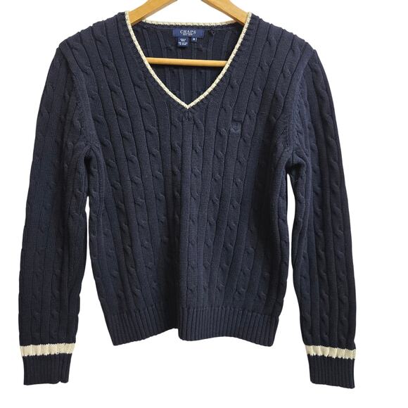 Chaps Women Preppy Classic Academia Tennis Ivy League Cable Knit VNeck Sweater M - Picture 1 of 11
